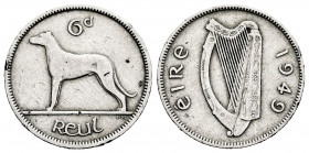 Ireland. 6 pence. 1949. (Km-13a). 4,43 g. Minor nicks on edge. VF. Est...12,00. 

Spanish Description: Irlanda. 6 pence. 1949. (Km-13a). Cu-Ni. 4,43...
