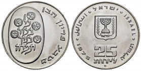 Israel. 25 lirot. 1975. (Km-80.2). Ag. 26,00 g. Minimal marks. Almost MS. Est...30,00. 

Spanish Description: Israel. 25 lirot. 1975. (Km-80.2). Ag....