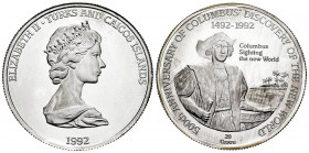Islas Turcas y Caicos. Elizabeth II. 20 crowns. 1992. (Km-129.1). Ag. 28,05 g. 500th Anniversary of Discovery The New World. PR. Est...30,00. 

Span...