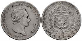 Italy. Sardinia. Carlo Felice. 5 lire. 1827. (Km-116.2). (Pagani-72). (Mont-64). Ag. 24,46 g. Choice F. Est...30,00. 

Spanish Description: Italia. ...