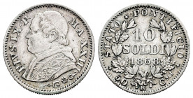 Italy. Papal States. Pio IX. 10 soldi. 1868 (Anno XXII). Rome. R. (Km-1376). (Mont-390). Ag. 2,47 g. Knock on edge. Choice VF. Est...20,00. 

Spanis...