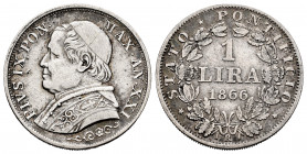 Vatican. Pio IX. 1 lira. 1866. Rome. R. (Km-188a). Ag. 4,94 g. Choice VF/VF. Est...25,00. 

Spanish Description: Vaticano. Pío IX. 1 lira. 1866. Rom...