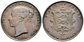 Jersey. Victoria Queen. 1851. (Km-3). Ae. 17,62 g. Minor nicks on edge. VF. Est...20,00. 

Spanish Description: Jersey. Victoria. 1/13 shilling. 185...