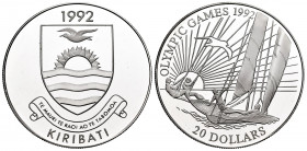 Kiribati. 20 dollars. 1992. (Km-17). Ag. 31,62 g. Barcelona Olympic Games 1992. PR. Est...30,00. 

Spanish Description: Kiribati. 20 dollars. 1992. ...