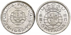 Macau. 5 patacas. 1952. (Km-5). (Gomes-22.01). Ag. 14,98 g. Mint state. Est...20,00. 

Spanish Description: Macau. 5 patacas. 1952. (Km-5). (Gomes-2...