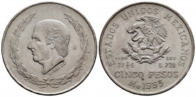 Mexico. 5 pesos. 1953. (Km-467). Ag. 27,89 g. Almost XF. Est...25,00. 

Spanish Description: México. 5 pesos. 1953. (Km-467). Ag. 27,89 g. EBC-. Est...