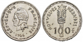New Hebrides. 100 francs. 1966. (Km-1). Ag. 24,98 g. Cleaned. Choice VF. Est...25,00. 

Spanish Description: New Hebrides. 100 francs. 1966. (Km-1)....