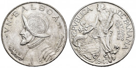 Panama. 1 balboa. 1947. (Km-13). Ag. 26,71 g. AU. Est...25,00. 

Spanish Description: Panamá. 1 balboa. 1947. (Km-13). Ag. 26,71 g. EBC+. Est...25,0...