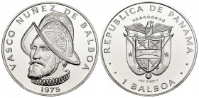 Panama. 1 balboa. 1975. (Km-39.1a). Ag. 26,55 g. VASCO NUÑEZ DE BALBOA. PR. Est...30,00. 

Spanish Description: Panamá. 1 balboa. 1975. (Km-39.1a). ...