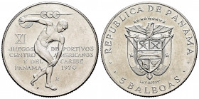 Panama. 5 balboas. 1970. (Km-28). Ag. 35,73 g. 11th Central American and Carbbean Games. Mint state. Est...30,00. 

Spanish Description: Panamá. 5 b...