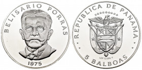 Panama. 5 balboas. 1975. (Km-40.1a). Ag. 34,36 g. BELISARIO PORRAS. PR. Est...30,00. 

Spanish Description: Panamá. 5 balboas. 1975. (Km-40.1a). Ag....