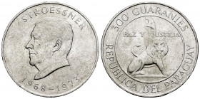 Paraguay. 300 guaranies. 1973. (Km-29). Ag. 26,41 g. President Stroessner. AU. Est...20,00. 

Spanish Description: Paraguay. 300 guaranies. 1973. (K...