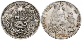 Peru. 1 sol. 1888. Lima. TF. (Km-196.24). Ag. 24,95 g. Choice VF. Est...30,00. 

Spanish Description: Perú. 1 sol. 1888. Lima. TF. (Km-196.24). Ag. ...