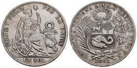 Peru. 1 sol. 1891. Lima. TF. (Km-196.24). Ag. 24,81 g. Choice VF. Est...30,00. 

Spanish Description: Perú. 1 sol. 1891. Lima. TF. (Km-196.24). Ag. ...
