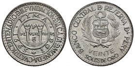 Peru. 20 Soles de oro. 1965. Lima. (Km-241). Ag. 7,82 g. 400th Anniversary of the Foundation of La Casa de Moneda in Lima. Mint state. Est...20,00. 
...