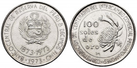 Peru. 100 soles. 1973. (Km-261). Ag. 21,99 g. AU. Est...18,00. 

Spanish Description: Perú. 100 soles. 1973. (Km-261). Ag. 21,99 g. EBC+. Est...18,0...