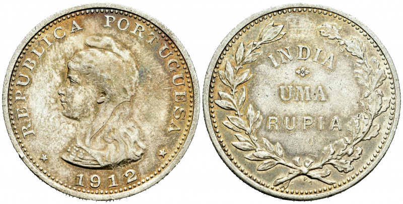 Portuguese India. 1 rupee. 1912/1. (Km-18). Ag. 11,60 g. Clear overdate. Tone. V...