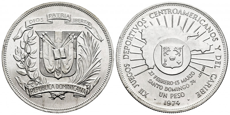 Dominican Republic. 1 peso. 1974. (Km-35). Ag. 26,78 g. 12th Central American an...