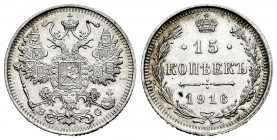 Russia. Nicholas II. 15 kopecks. 1916. Saint Petesburg. BC. (Bitkin-143). Ag. 2,66 g. AU. Est...20,00. 

Spanish Description: Rusia. Nicholas II. 15...