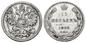 Russia. Nicholas II. 15 kopecks. 1905. Saint Petesburg. AP. (Bitkin-131). Ag. 2,55 g. Almost VF. Est...20,00. 

Spanish Description: Rusia. Nicholas...
