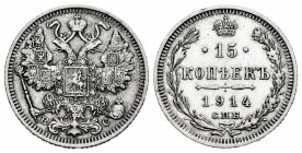 Russia. Nicholas II. 15 kopecks. 1914. Saint Petesburg. BC. (Bitkin-141). Ag. 2,67 g. Choice VF. Est...20,00. 

Spanish Description: Rusia. Nicholas...