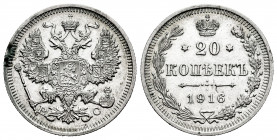 Russia. Nicholas II. 20 kopecks. 1916. Saint Petesburg. BC. (Bitkin-118). Ag. 3,72 g. Rust on obverse. XF. Est...20,00. 

Spanish Description: Rusia...