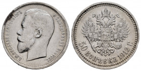 Russia. Nicholas II. 50 kopecks. 1912. Saint Petesburg. (Bitkin-91). Ag. 9,89 g. VF. Est...35,00. 

Spanish Description: Rusia. Nicholas II. 50 kope...