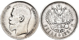 Russia. Nicholas II. 1 rouble. 1897. Brussels. (Km-59.3). Ag. 19,84 g. Two stars on edge. Choice F. Est...30,00. 

Spanish Description: Rusia. Nicho...