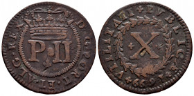 Portugal. D. Pedro II (1683-1706). 10 reis. 1699. (Gomes-15.01). Ae. 1438,00 g. Almost VF. Est...50,00. 

Spanish Description: Portugal. D. Pedro II...