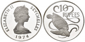 Seychelles. Elizabeth II. 300 rupees. 1974. (Km-20a). Ag. 28,39 g. PR. Est...30,00. 

Spanish Description: Seychelles. Elizabeth II. 300 rupees. 197...