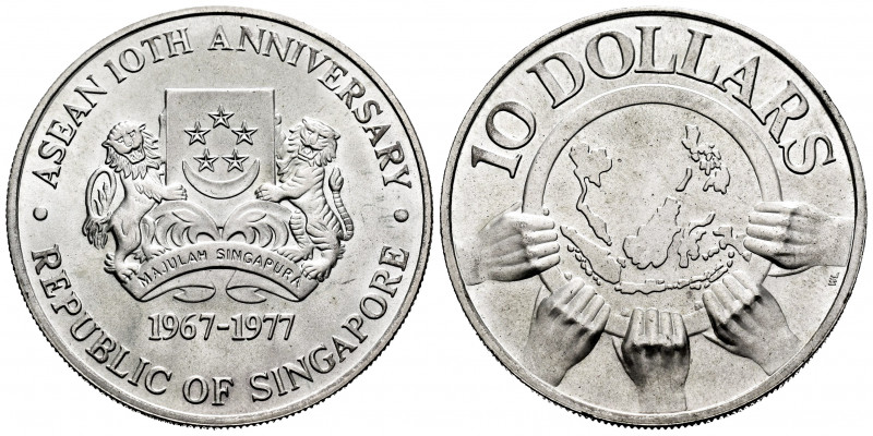 Singapour. 10 dollars. 1977. (Km-16). Ag. 30,91 g. Asean 10th Anniversary. Mint ...