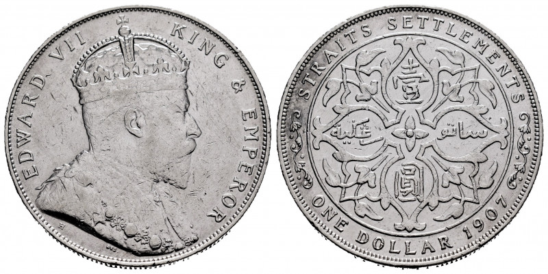 Straits Settlements. Edward VII. 1 dollar. 1907. H. (Km-26). Ag. 20,10 g. Minor ...