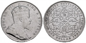Straits Settlements. Edward VII. 1 dollar. 1907. H. (Km-26). Ag. 20,10 g. Minor marks. VF/Choice VF. Est...50,00. 

Spanish Description: Straits Set...