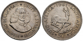 South Africa. 50 cents. 1961. (Km-62). Ag. 28,25 g. Almost XF. Est...25,00. 

Spanish Description: Sudáfrica. 50 cents. 1961. (Km-62). Ag. 28,25 g. ...