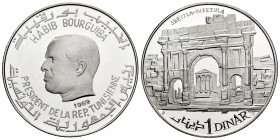 Tunisia. 1 dinar. 1969. (Km-301). Ag. 20,11 g. Mintage 5000. PR. Est...30,00. 

Spanish Description: Túnez. 1 dinar. 1969. (Km-301). Ag. 20,11 g. Ti...