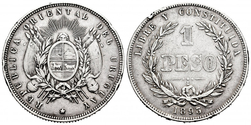 Uruguay. 1 peso. 1893. (Km-17a). Ag. 24,86 g. Nicks on edge. Almost VF. Est...25...