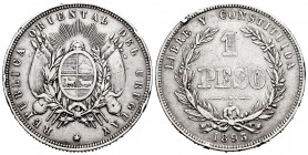 Uruguay. 1 peso. 1893. (Km-17a). Ag. 24,86 g. Nicks on edge. Almost VF. Est...25,00. 

Spanish Description: Uruguay. 1 peso. 1893. (Km-17a). Ag. 24,...