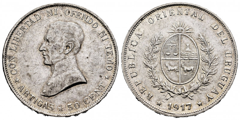 Uruguay. 1 peso. 1917. (Km-23). Ag. 12,44 g. Minor nicks on edge. VF/Choice VF. ...