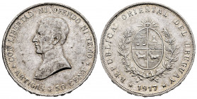 Uruguay. 1 peso. 1917. (Km-23). Ag. 12,44 g. Minor nicks on edge. VF/Choice VF. Est...35,00. 

Spanish Description: Uruguay. 1 peso. 1917. (Km-23). ...