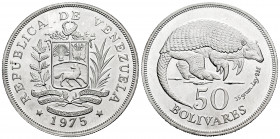 Venezuela. 50 bolivares. 1975. (Km-47). Ag. 35,54 g. Mint state. Est...35,00. 

Spanish Description: Venezuela. 50 bolívares. 1975. (Km-47). Ag. 35,...