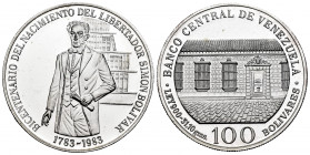Venezuela. 100 bolivares. 1983. (Km-Y58). Ag. 30,91 g. Bicentennial of the birth of Simón Bolivar. PR. Est...30,00. 

Spanish Description: Venezuela...