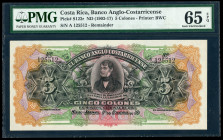 Costa Rica. 5 colones. (1903-17). (P-S122r). Banco Anglo Costarricense. Slabbed by PMG as Gem Uncirculated 65 EPQ. Est...65,00. 

Spanish Descriptio...