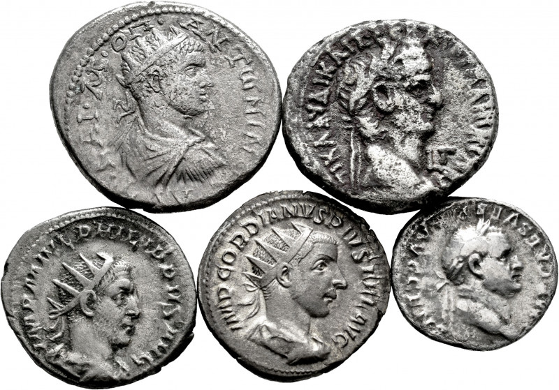 Lot of 5 silver coins of the Roman Empire, 2 antoninians, 2 tetradrachms and 1 d...