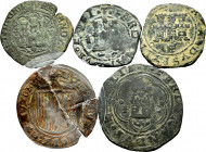Lot of 5 coins of the Catholic Kings. 2 and 4 Maravedís of Cuenca, Toledo and Coruña; It includes 1 Real Before the Pragmatic of Burgos, fragmented an...