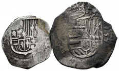 Lot of 2 cob coins to identify of 1 and 2 reales. TO EXAMINE. F/Choice F. Est...50,00. 

Spanish Description: Lote de 2 monedas macuquinas a identif...