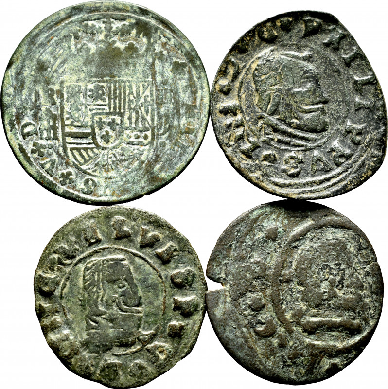 Lot of 4 Austrias coins. Contemporary counterfeit of 16 Maravedís from Madrid an...