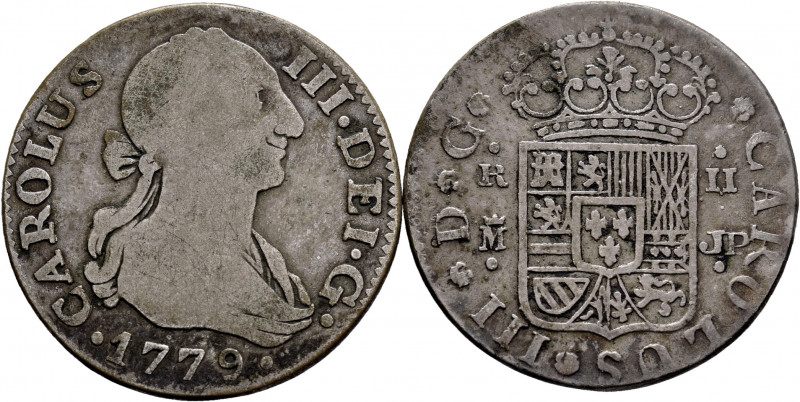 Lot of 2 pieces of 2 reales from Madrid (1730, 1779), contemoprary counterfeits....