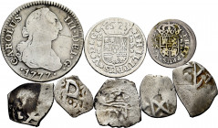 Lot of 8 coins of the Habsburgs and Bourbons. Various values from 1/2 Real to 2 Real, different types, dates and mints. Ag. TO EXAMINE. Choice F/Almos...
