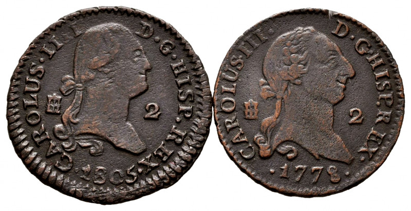 Lot of 2 coins of 2 maravedis of Segovia, 1778, 1805. TO EXAMINE. Choice F/Almos...