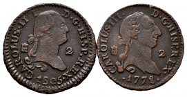 Lot of 2 coins of 2 maravedis of Segovia, 1778, 1805. TO EXAMINE. Choice F/Almost VF. Est...20,00. 

Spanish Description: Lote de 2 monedas de 2 mar...